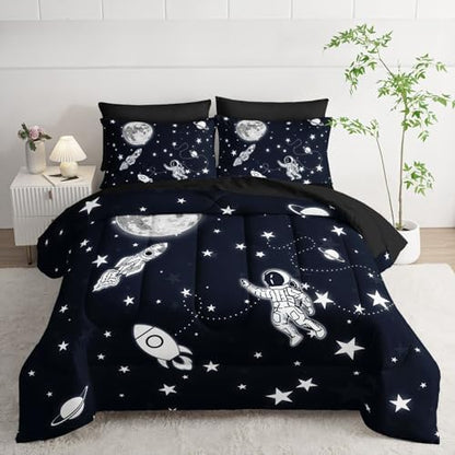 7pcs Space Comforter Set3D Space Rocket Planets Printed Bedding Set with 1 Comforter, 1 Flat Sheet, 1 Fitted Sheet and 4 Pillowcases for Boys and Girls Bedroom (Rocket King