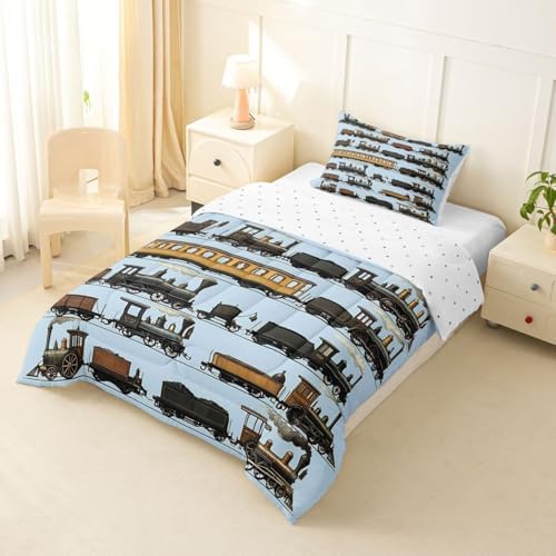 Erosebridal Vintage Steam Train Toddler Comforter Set Travel Locomotive Train Bedding Set Transport Vehicle Comforter for Kids Boys Girls Steampunk Railway Quilt Duvet Blue