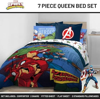 Jay Franco Kids Bed Set, Blue, Avengers, 7 Piece Queen