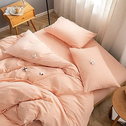 FACE TWO FACE Bedding Duvet Cover Set 3 Pieces 100% Washed Cotton Duvet Cover Linen Like Textured Breathable Durable Soft Comfy (California King, Pink)