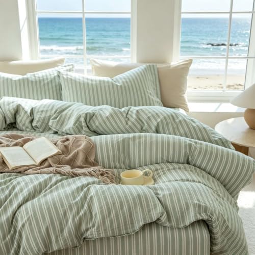 Striped Duvet Cover Set King Size 3 Piece 100% Washed Cotton Linen Like Textured Bedding Comfy Breathable (King, Double Stripe-Sage Green/White)