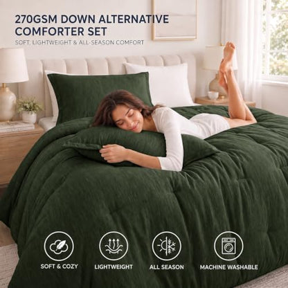CozyLux Queen Comforter Set, Heathered Emerald Green, 3 Pieces Bedding Sets