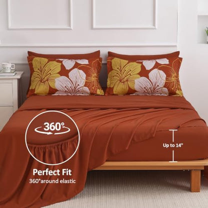 Burnt Orange Comforter Set Queen Size, 7 Pieces Fall Floral Bedding Set