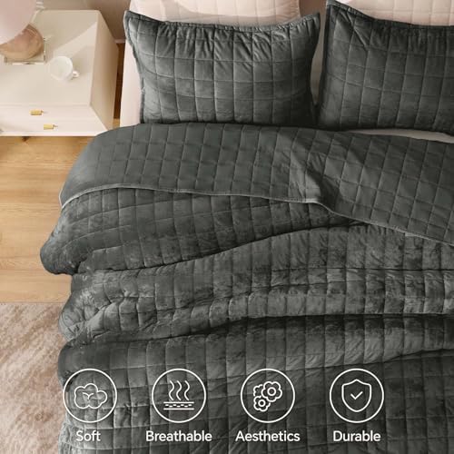 BEDELITE Velvet Quilt Set King Size, Luxury Velvet Comforter Bedding