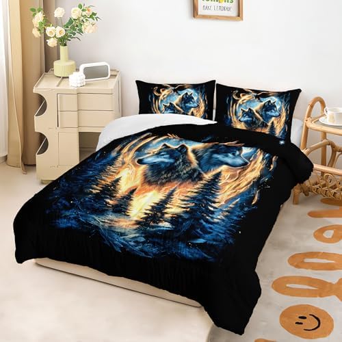 Moon Wolf Comforter Set Queen for Teen Boys Girls,Howling Wolves Comforter Forest Eagle Bed Set,Wild Animals Bedding Set for Kids Bedroom Decor,All Seasons