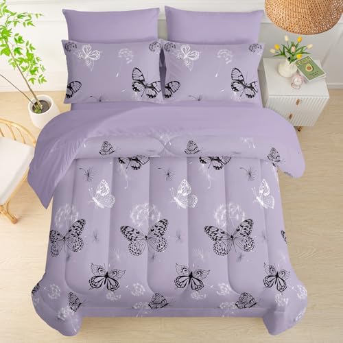 QOOMO Purple Butterfly Dandelion 7pcs Comforter Set Twin Size