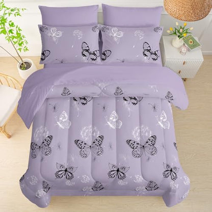 QOOMO Purple Butterfly Dandelion 7pcs Comforter Set Twin Size