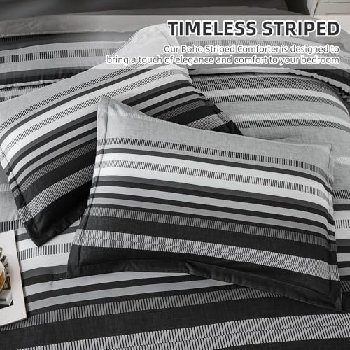 Dobuyly Grey Comforter Set King Size 7 Piece, Boho Striped Bed in a Bag King Soft Microfiber Dark Gray Bedding Sets with Comforter, Sheets, Pillowcases & Shams All Season