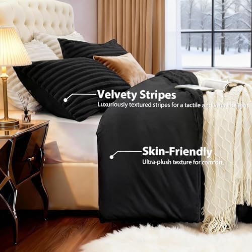 EXQ Home Fluffy Comforter Set King Size,3 Pieces Bed Set,Black