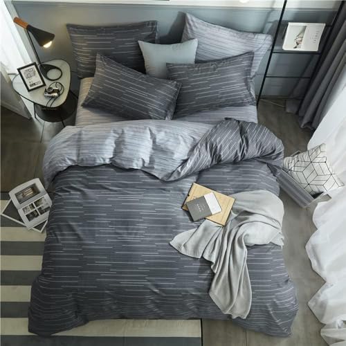 mixinni Queen Size Comforter Set for Teen Modern Geometric Boys Grey Striped Printed Comforter Set Men Boys for All Season, 1 Soft Fluffy Comforter and Two Pillowcases-Queen Size