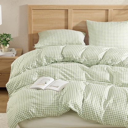Andency Sage Gingham Duvet Cover Queen, Green Checkered Plaid Bedding Set