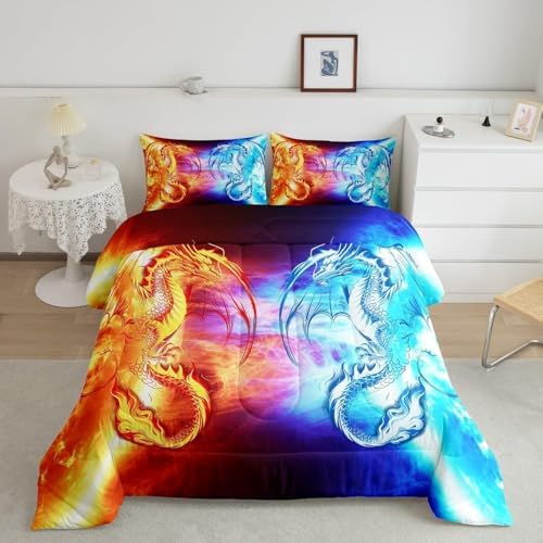 Feelyou Ice Fire Dragon Bedding Set Toddler Size 3Pcs for Boys Teens Kids