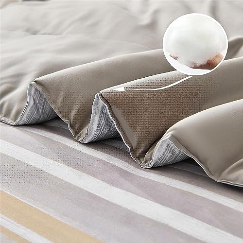 KAKIJUMN Striped Comforter Set Twin Size, 5 Piece Bed in a Bag, Warm Tan