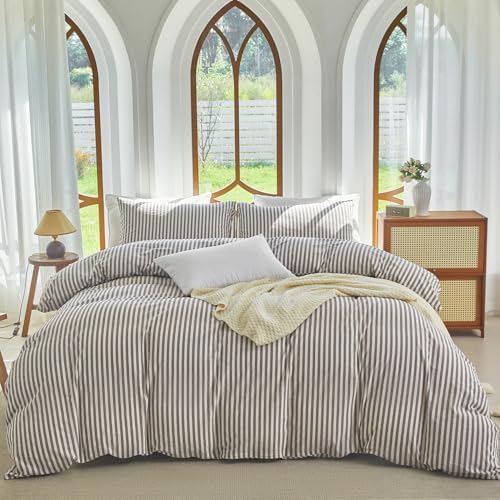 Striped Duvet Cover Set Full Size 3 Piece 100% Washed Cotton Linen Feel Bedding Set Comfy Breathable (Full, Classic Stripe-Mauve Brown/White)