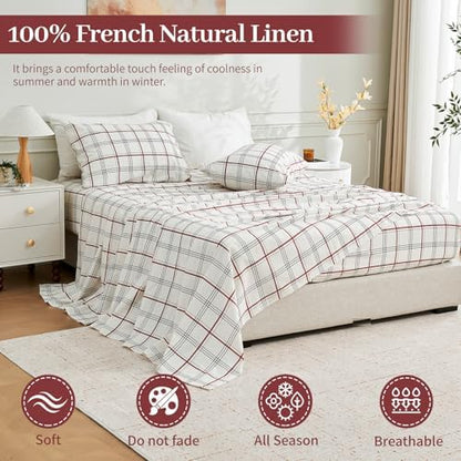 MEISHANG 100% French Pure Linen Sheets Queen Size - Bed Sheets 4 Piece Sets, Soft Durable Flax Linen, Anti-Tear Breathable Moisture Wicking with 16" Deep Pocket (Red Plaid)