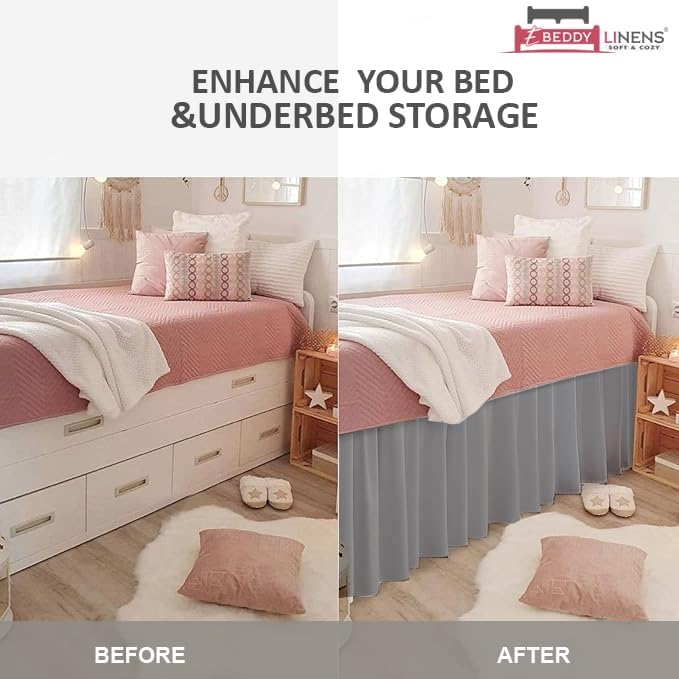 eBeddy Linens Split Corner Dust Ruffle Dorm Bed Skirt Twin XL, 34" Drop, 100% Microfiber, Extra Long Bed Skirt for College Dorm, Platform Style, Silver Grey Solid, Hidden Storage Solution, Easy Fit