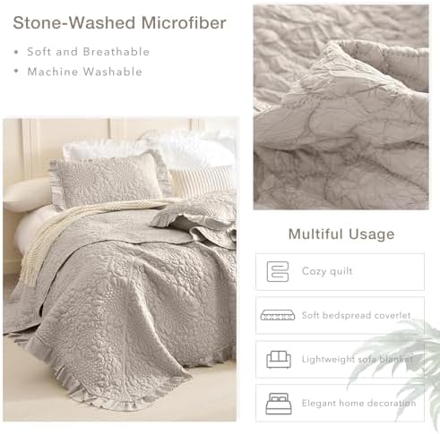 Masaca Oversized King Bedspread(118"x106"),Ruffled Farmhouse Shabby Boho Chic California King Quilt Set Oversized Linen Colored Crinkled Lightweight Rustic Stone-Washed Microfiber Bedding Set