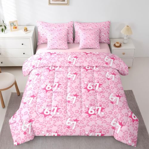 Erosebridal Pink Leopard 7 Piece Bedding Set King Size for Girls 67 Number Print Kids Comforter Set Cute Girly Six Seven Bed in A Bag African Cheetah Print Trendy Fashion Bed Set