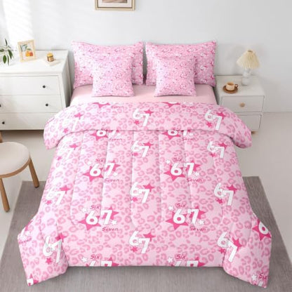 Erosebridal Pink Leopard 7 Piece Bedding Set Twin Size for Girls 67 Number Print Kids Comforter Set Cute Girly Six Seven Bed in A Bag African Cheetah Print Trendy Fashion Bed Set