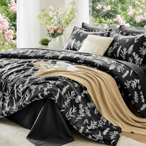 MUXHOMO Oversized King Comforter Set, Black Elegant Floral Print Bed in a Bag 7 Pieces, Ultra Soft & Breathable Reversible Botanical Pattern Bedding Set with Comforter, Sheets, Pillowcases, and Shams