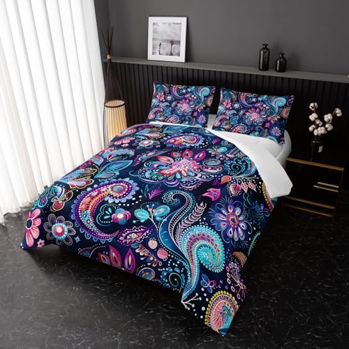 Nttopship Boho Floral Comforter Set Twin Size 3 PCS Paisley Flower Comforter Bed in a Bag Set Dark Blue Vintage Floral Boho Medallion Comforter Set for Kids Girls Teens Soft Microfiber Bedding Sets
