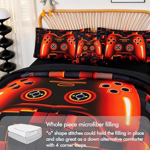 PERFEMET Full Bedding Sets for Boys 6 Pieces Orange Game Kids Bed in A Bag
