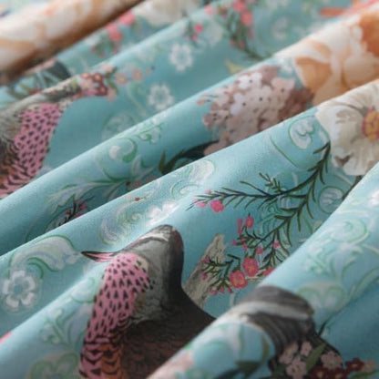FADFAY 100% Cotton Cal King Sheet Set, Mint Green Floral Bird Print Bedding
