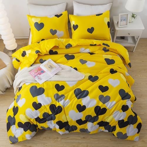 Caressma Twin Size Comforter Set for Boys Farmhouse Yellow Bedding Set with Black Heart All Season Fluffy Soft Lightweight(1 Comforter & 1 Pillowshams)