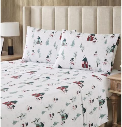 Sweet Home Collection Flannel Christmas Sheet Set, Jolly Snowman House Queen, Deep Pocket Soft Brushed Microfiber Holiday Bedding with Fitted Sheet, Flat Sheet & Pillowcase(s)