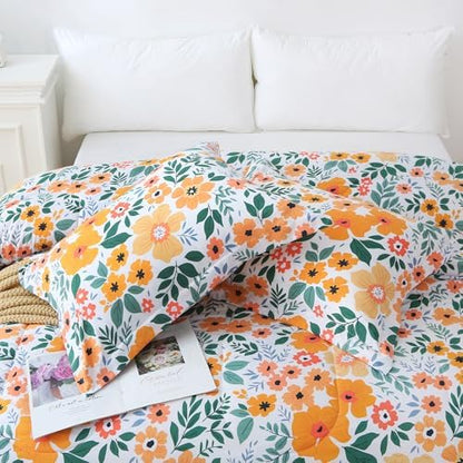 Mooreeke Floral Queen Size Comforter Sets, Green and Yellow Botanical Patterned Bedding for All Seasons, 3-Piece Vintage Bed in a Bag with Fluffy Quilted Reversible Comforter & 2 Pillow Shams