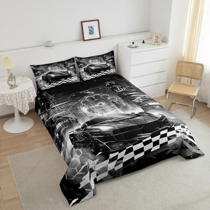 Feelyou Boys Black Race Car Full Size Bedding Set Kids Racing Car Decor Comforter Extreme Sports Car Comforter Set for Teens Honeycomb Grid Car Comforter Quilt Set Car Room Decorations