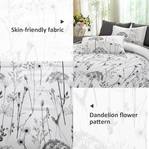 Yiran King Comforter Size Set, 7 Piece Grey Dandelion Floral Bed in a Bag