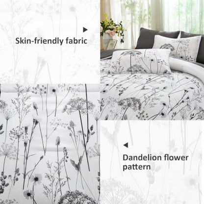 Yiran King Comforter Size Set, 7 Piece Grey Dandelion Floral Bed in a Bag