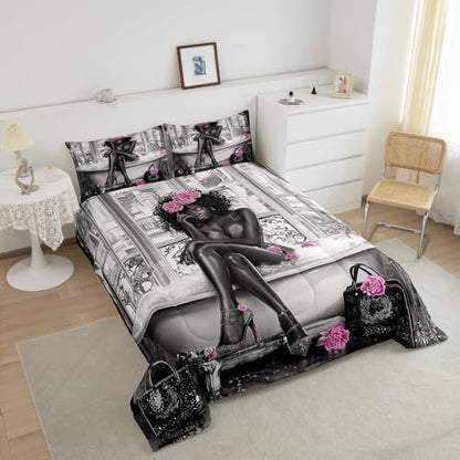 jejeloiu Afrcian American Woman Comforter Set Twin Size Kids Pink Black Bedding Set Boys Girls Teens Ethnic Afro Duvet Breathable Traditional Exotic Quilt Bedroom Decor,1 Comforter with 1 Pillowcase