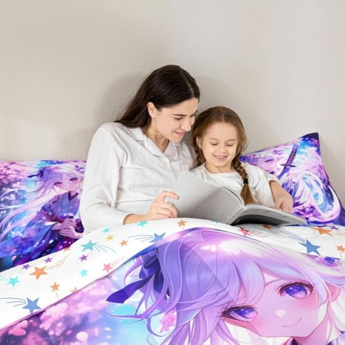 Erosebridal Anime Girl Full Comforter Set for Kids, Kawaii Japanese Anime Bedding Set Cartoon Girl Duvet Insert Sci Fi Style Japanese Animation Quilt for Kids Girls Teens Adult Bedroom