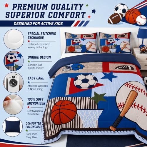 Castle Fairy Boys Ball Sports Themed Comforter Set King Size,Cartoon Baseball Basketball Football Bedding Set Kids Teens Room Decor,Patchwork Grid Stripes Quilted Duvet Blue Red Child Bedspread 3pcs