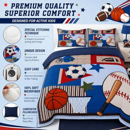 Castle Fairy Boys Ball Sports Themed Comforter Set King Size,Cartoon Baseball Basketball Football Bedding Set Kids Teens Room Decor,Patchwork Grid Stripes Quilted Duvet Blue Red Child Bedspread 3pcs