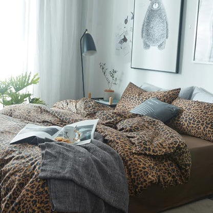 Leopard Print Comforter Set Full Size Animal Cheetah Printed Comforter Set 3 Pieces Fluffy Soft Microfiber Brown/Black Floral Bedding Set Farmhouse Boho Bed Comforter with 2 Pillowcases for All Season