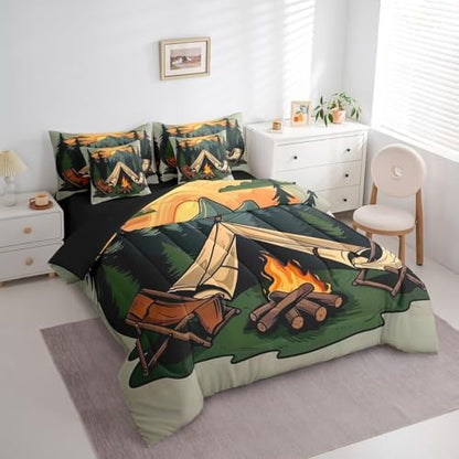 Erosebridal 7 Piece RV Camper King Comforter Set,Camping Chairs Tent Bedding Set with Sheets for Kids Adults,Mountain Forest Bed Set Travel Trailer Bunk Bedding Sets with Fitted Sheet+Flat Sheet