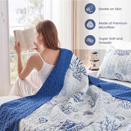 Qucover Coastal California King Quilt 118"x106", Ocean Beach Themed Bedding Set with Pillowcase, Soft Lightweight Reversible Microfiber Nautical Coverlet, Oversized King Bedspread for Summer,Navy Blue