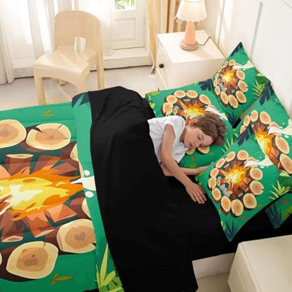 Erosebridal Campfire 7 Piece Comforter Set Full Tree Stump Bed in A Bag Happy Camping Bedding Sets for Kids Boys Girls Woodland Campsite Forest Stones Trees Sheet Set with Comforter