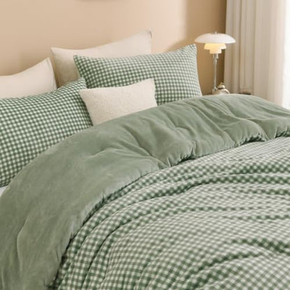 Litanika Velvet Flannel Gingham Comforter Set Full, 3 Pcs Sage Blanket