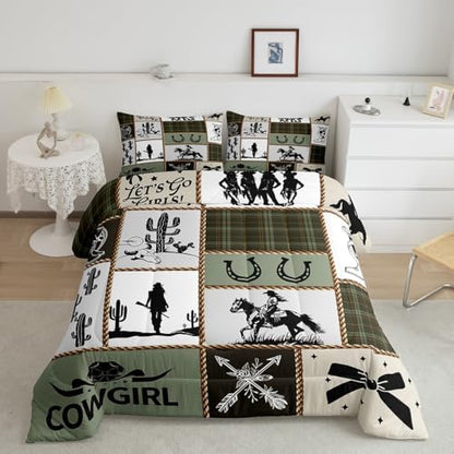Western Cowgirl Comforter Set King Size,Cactus Horseshoe Cow Skull Rustic Farmhouse Bedding Set,Girls Women Room Decor,Bow Arrow Patchwork Down Comforter,Camo Country Duvet Insert,2 Pillowcases