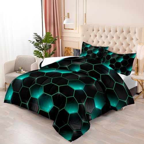 Geometric Black Green Neon Comforter Set,Light Honeycomb 3 Piece Bedding Set Queen for Teen Boys,Modern Bedding Quilt Set Geometry Decor,Microfiber Lightweight 1 Comforter 2 Pillowcases All Season