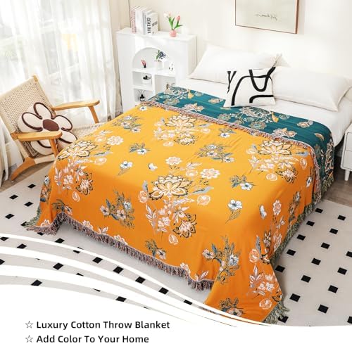 VANJOROY Boho Large Throw Blanket, 100% Organic Cotton Breathable Soft Bed Throw - Floral Bird Farmhouse Decor Blanket for Sofa Couch Chair Quilt and Gift. (Flower-Art, 91" x 98")