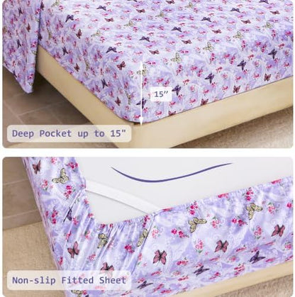 lasoftan Floral Queen Comforter Set with Sheets, 7 piece Luxury Vintage Bedding, Soft Microfiber Bed in a Bag, Cozy Lightweight Bed Set, Lavender Butterfly