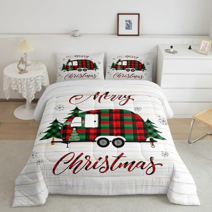 Christmas RV Camper Comforter Set Twin,Rustic Farmhouse Bedding Set for Kids Teens Adults Room Decor,Colorful Xmas Camping Car Quilt Set Cartoon Outdoor Traveling Duvet Insert,1 Pillowcase