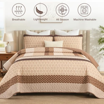 WONGS BEDDING Fall King Size Quilt Set, Brown Striped Bedspread