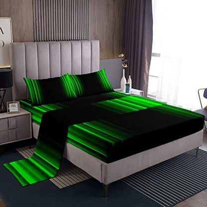 Feelyou Geometric Abstract Ombre Sheet Set Men Adults Teens Green and Black Striped Bed Sheets Kids Boys Girls Simple Modern Bed Set Bedroom Collection 4Pcs Queen Size