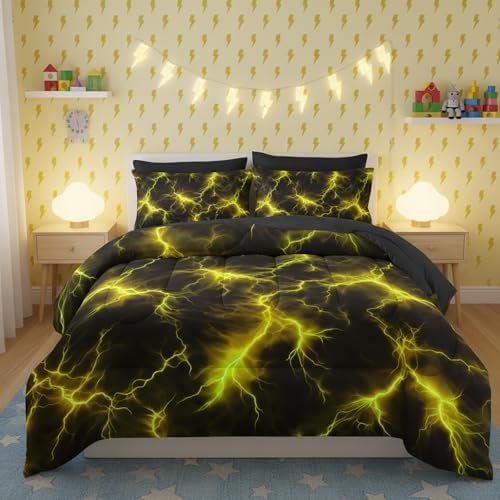 QOOMO Yellow Lightning 7 Pieces Comforter Set Queen,Neon Bedding Set
